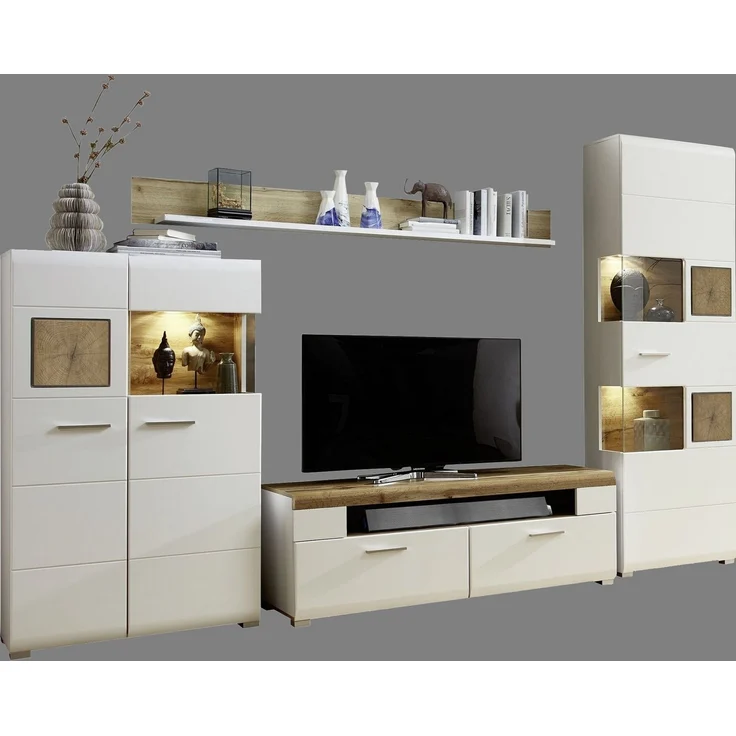 Wohnwand Schrankwand Anbauwand Wohnzimmer-Set 2 FUN PLUS weiß Holz Licht – Bild 5