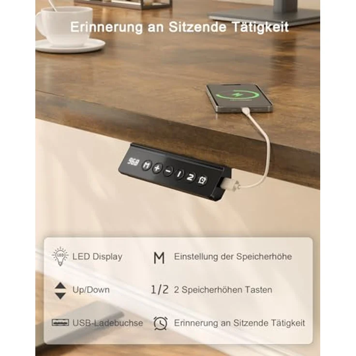 JUMMICO höhenverstellbarer elektrischer Schreibtisch mit USB-Ladeanschluss, Braun, 110x53 cm – Bild 6