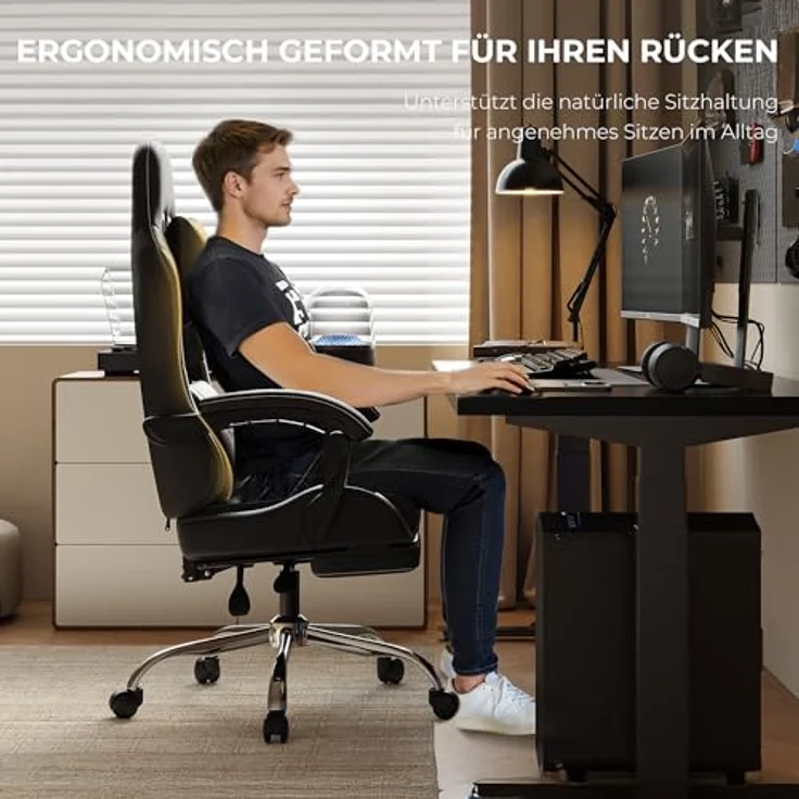 Dowinx Gaming Stuhl, Ergonomischer Gamer Stuhl für Büro und Home Office, Verstellbarer Bürostuhl mit Rückenlehne bis 150°, mit Fußstütze, Belastbar bis 180 kg, Schwarz – Bild 7