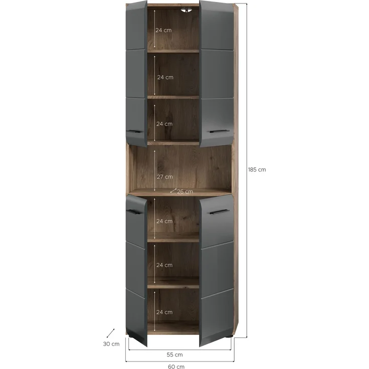 Hochschrank breit (B/H/T: 60x185x30 cm) in schwarz matt und Nox Oak Nachbildung – Bild 4