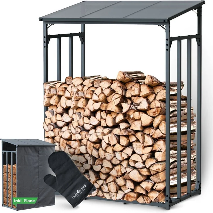 holz4home® Kaminholzregal Holzlager I Brennholzregal I Überdachung als Stapelhilfe für Brennholz, inkl. Plane und Holzhandschuh