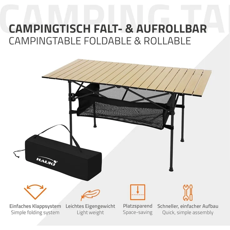 Hauki Campingtisch Klapptisch faltbar aus Aluminium inkl. Tragetasche, Gartentisch 118x55x64,5 cm Beige, Aufrollbare Tischplatte, Falttisch – Bild 3