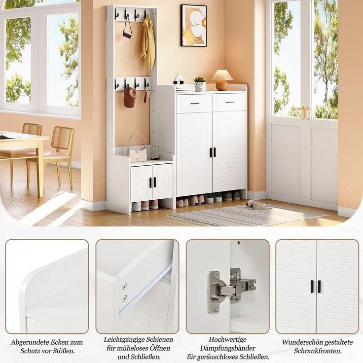 Faumrta Garderoben- und Schuhschrank-Set für den Eingangsbereich mit 2 Schubladen, 2 Schranktüren, 6 Ablagen und 8 Haken. Ideal für Flur und Eingangsbereich. Farbe: Weiß,125*36*165CM125CM*32CM*165CMWeißMDF (Medium-Density-Faserplatte) – Bild 6