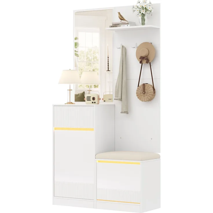 Garderobe,Kompaktgarderobe, Flurgarderobe, Garderoben Set, Schuhschrank, Schuhbank, Schuhkipper, Garderobe mit Spiegel,LED Garderobe(Not a one-piece product, holes need to be drill on the wall)--Weiß--105x38x190cm--YOUDENOVA