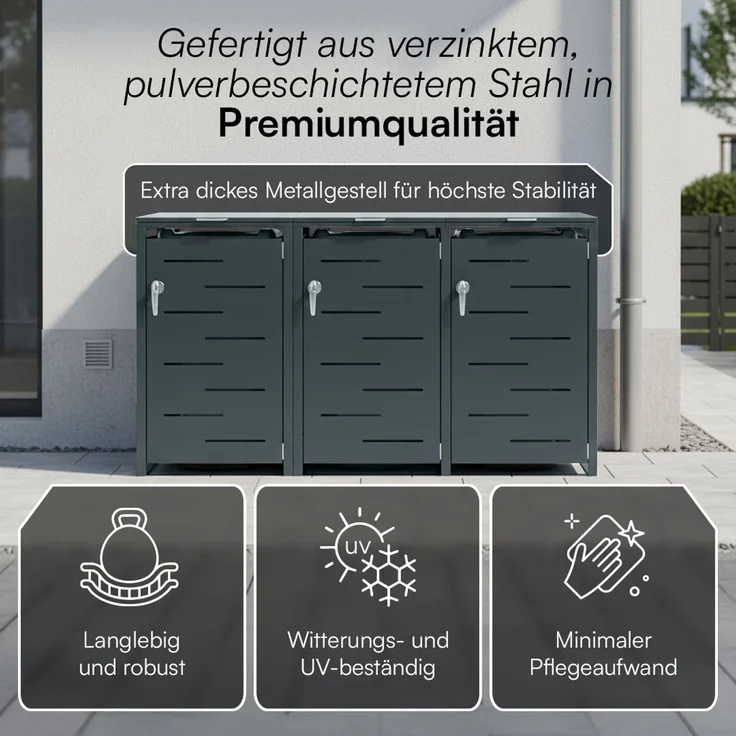 STEELSØN 'Diorus' Mülltonnenbox 3er je 240 Liter, anthrazit, Mülltonnenverkleidung aus Stahl mit Sichtstreifen, wetterfest, 116x80x203 cm, abschließbare Müllbox für 3 Tonnen – Bild 5