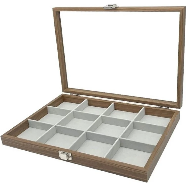 Schmuckkasten Holz Schmucklade 12 Fächer für Schmuck Ringe Ohrringe Halsketten Armbänder Schmuckkoffer Schmuckkasten Schmuckbox Aufbewahrung Schmuckdisplay Deckel aus Echtglas Schmuckschatulle, Deckel aus Echtglas – Bild 4