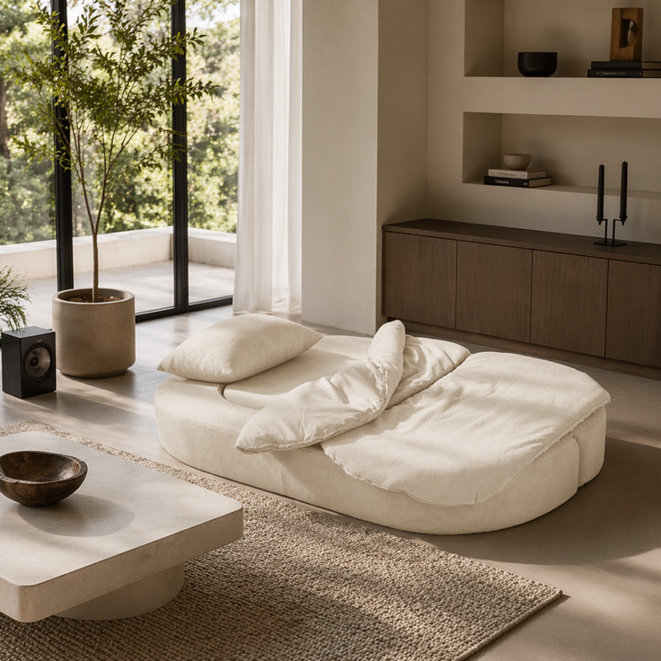 Klappsofa aus Flanellstoff, 3-in-1 Sitz- und Liegefunktion, 200x130x60 cm, Off White – Bild 2