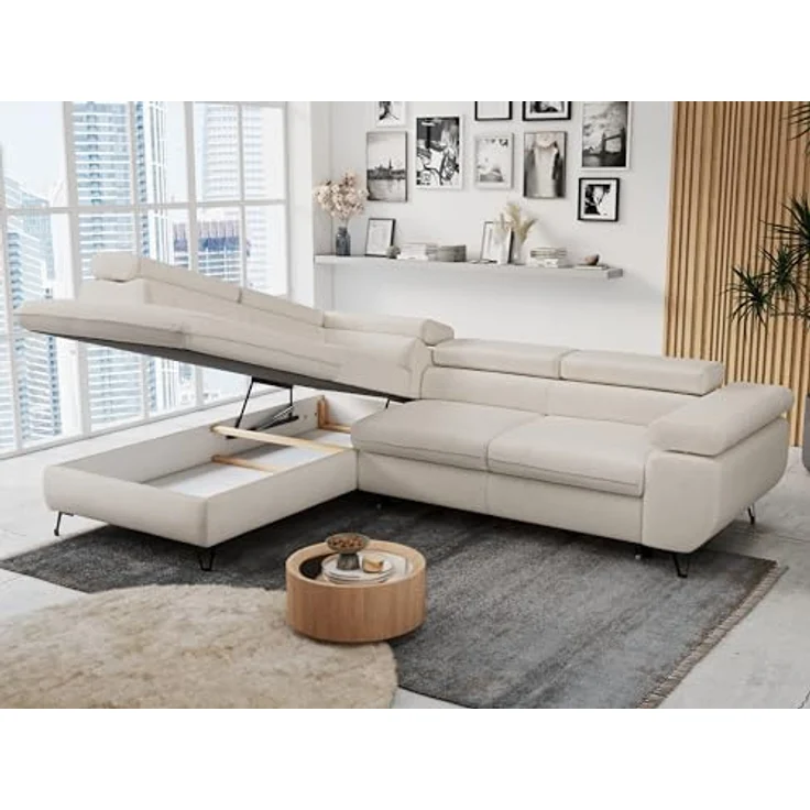 Mks Möbel 'Peter L-form' Ecksofa mit Bettfunktion, Bettkasten & einstellbaren Kopfstützen, Hellbeige, Mikrofaser, links – Bild 5