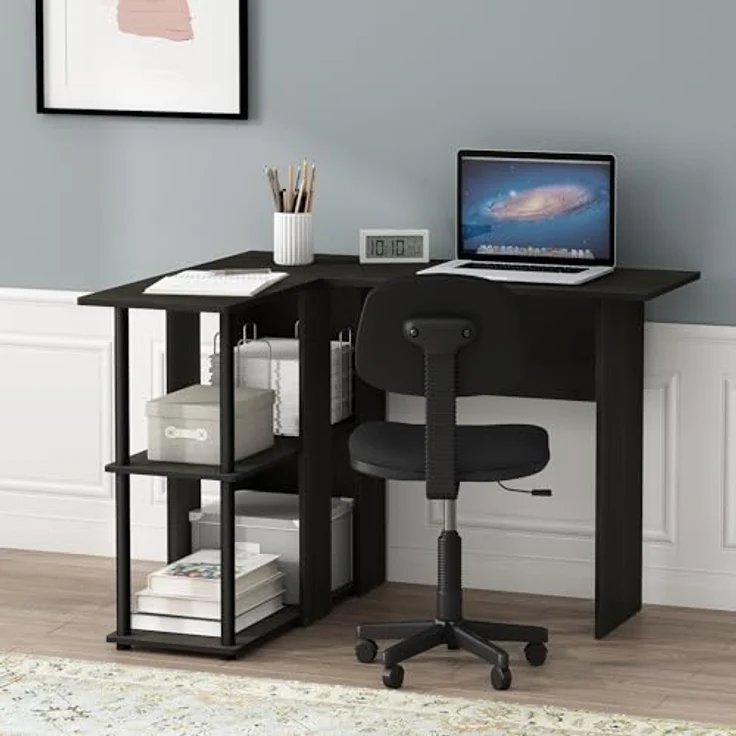 Furinno Abbott L-förmiger Schreibtisch mit Regalen, holz, Espresso/Schwarz, 87.5 x 87.5 x 73.51 cm – Bild 3