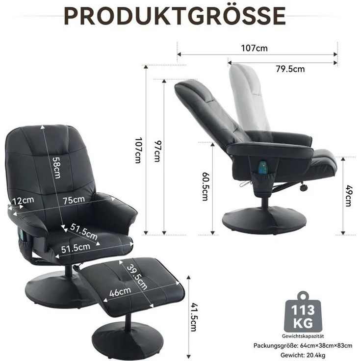 BBWL Massagesessel Massagesessel mit 5-Punkt-Massage, Sitzheizung und Liegefunktion (Kunstleder,mit 360° Drehung, Hocker & Fernbedienungstasche,einfache Montage in 30 Min) – Bild 2