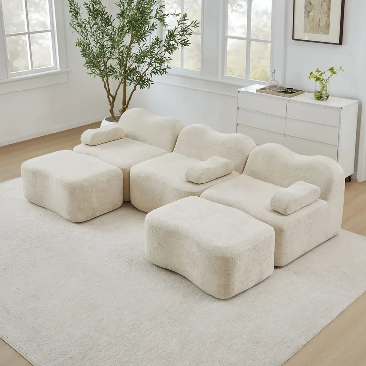EINHOM 3-Sitzer U-förmiges Modulares Boneless Sofa mit 2 Ottomans, 32D Hochdichtschaum, Wellenform, tiefe Sitzfläche, bewegliches Armlehnenkissen, für Wohnzimmer, Beige