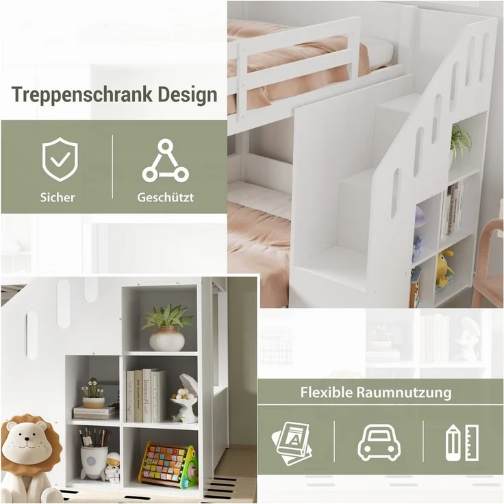 Odikalo Etagenbett Kinderbett Jugendbett 90x200 (Kinder-Etagenbett, Doppelbett, multifunktionales Kinderbett, Mit Treppen und Schließfächern,stabiles Geländer, ohne Matratze, 90*200cm, Weiß) – Bild 3