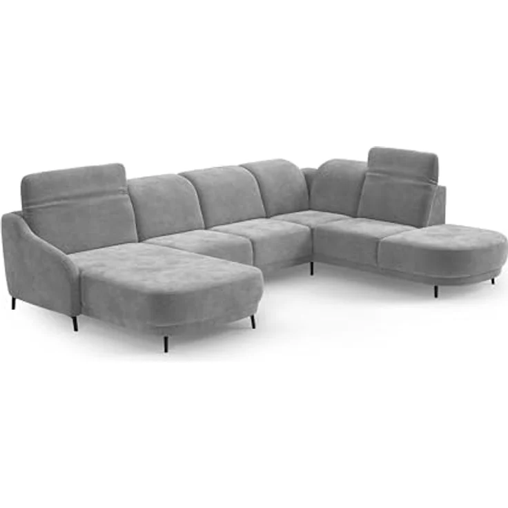 CAVADORE Wohnlandschaft Blue, Sofalandschaft mit Longchair im modernen Design, inkl. kopfteilverstellung, Vorziehsitz motorisch, Klapptisch, mattschwarzen Metallfüßen, Mikrofaser, Mittelgrau – Bild 6
