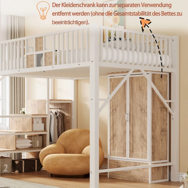 EINHOM Metall-Hochbett 140 x 200 cm mit Markantem Geländerdesign aus Holz und Metallgitter, Komplett mit Großem Kleiderschrank, Schubladen und Aufbewahrungsleiter, Weiß (Ohne Matratze) – Bild 6