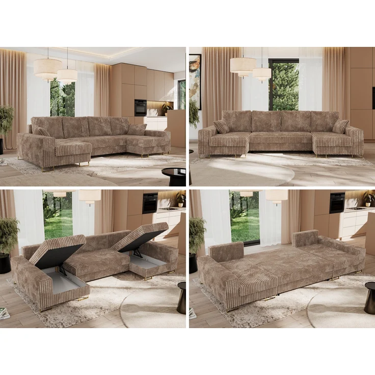 U-förmiges Ecksofa auf goldenen Metallbeinen, mit Schlaffunktion und drei Bettkästen für das Wohnzimmer - DORIAN U - Braun Cord – Bild 2