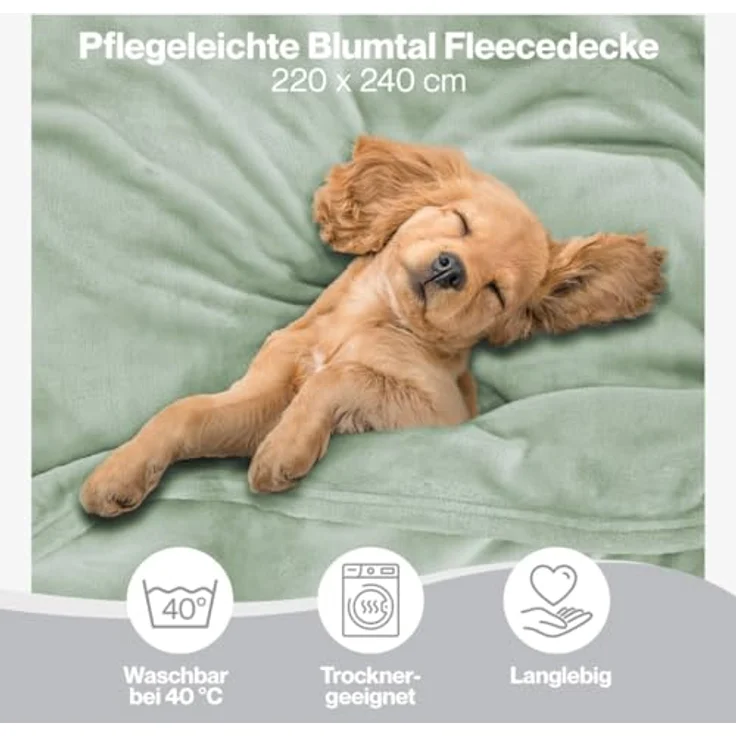 Blumtal Kuscheldecke flauschig - Oeko-TEX zertifizierte Fleecedecke 220x240 cm - Wohndecke 220x240 cm - Decke Couch Wohn- & Kuscheldecke - Flauschdecke Grün - Wohnzimmerdecke Grün- Sommergrün – Bild 4