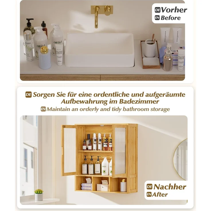 Yorbay Hängeschrank Bambus Badezimmerschrank (59x22x66 cm, Magnetverschluss & verstellbare Regale) Wandschrank mit Doppeltüren – Bild 7