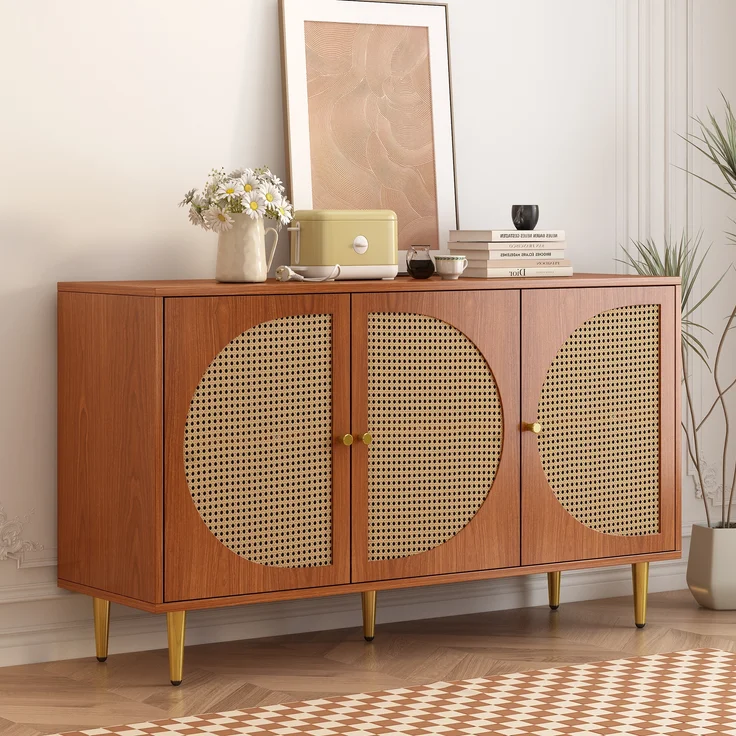 Sideboard, mit 3 Rattantüren, Metallbeinen & verstellbaren Böden, 129,8x40x76 cm, Walnuss – Bild 4