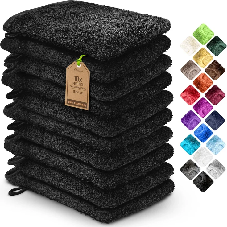 NatureMark 10x Waschhandschuhe aus Frottee 100% Baumwolle – Weich und Robust, Ideal für die tägliche Pflege und Gäste – Schwarz, 15x21 cm