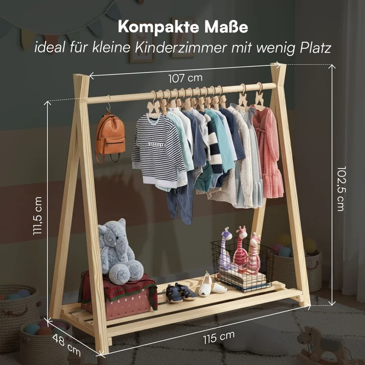 Bellabino 'Ryck' Tipi Kleiderstange, Kiefer Massivholz, natur, 112x48x115 cm, Kindergarderobe mit Schuhablagefläche – Bild 6