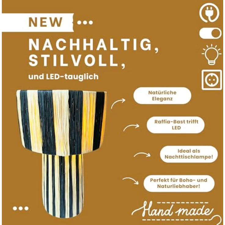 Marrakesch Tischlampe Morjana, Tischleuchte aus Raffia-Bast in Beige Schwarz, 42cm, E27 Fassung für Wohnzimmer, Schlafzimmer und Kinderzimmer Deko – Bild 6