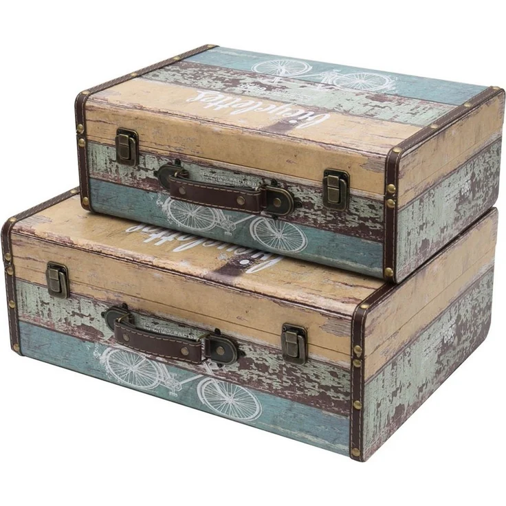 HMF Aufbewahrungsbox Vintage Koffer Holz, Aufbewahrungsbox mit Deckel und Ledergriff als (2er Set), Geschenkidee für Hochzeit oder Geburtstag, Fahrrad, 38 + 44 cm – Bild 1