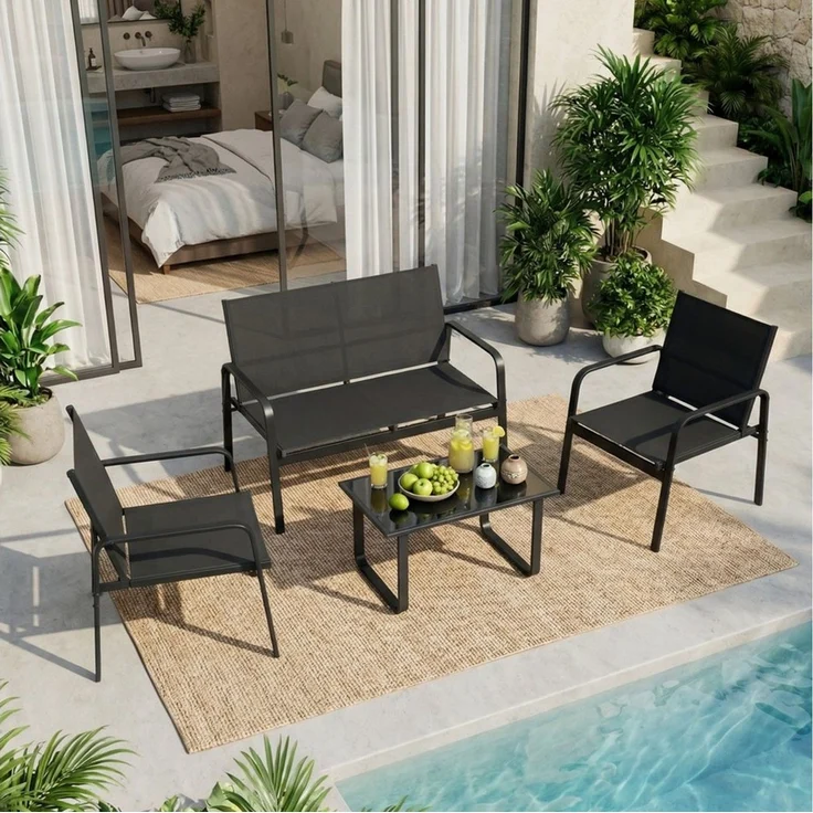 Mondeer Gartenmöbel Set, Balkon Möbel Set 4-TLG mit Armlehnen, Terrassenmöbel mit Tisch Sofa und 2 Stühlen, Textilene, für Garten Balkon Außen, Schwarz – Bild 2