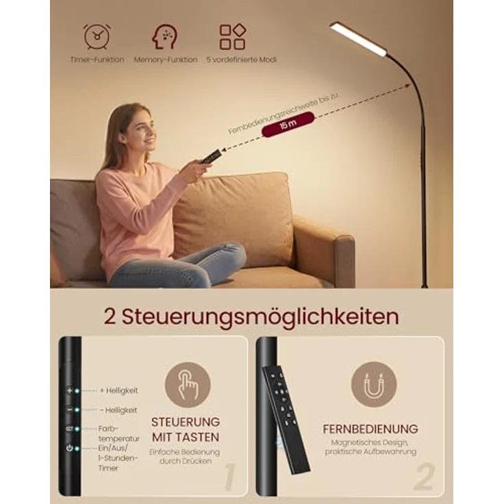 VASAGLE Stehlampe, Stehleuchte, Leselampe, 15 Watt, 141-175 cm höhenverstellbar, 360° drehbarer Schwanenhals, Timer- und Memory-Funktion, Fernbedienung, für Wohnzimmer, Mattschwarz LFL007BD02 – Bild 6