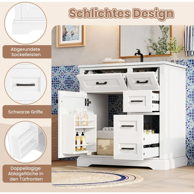 76 x 47 x 82 cm; bodenstehender Waschtischunterschrank; lackierte Oberfläche; Türen mit Soft-Close-Funktion; zweistufiger seitlicher Auszug; integriertes Keramikwaschbecken; Türregal; Weiß. – Bild 7