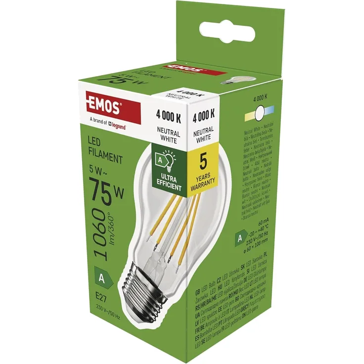 EMOS - LED-Lampe Filament A60 - A Klasse Vintage-Glühbirne - E27 Sockel - neutralweiß - 1060 lm - extra-sparsam, 5W (statt 75W Glühbirne) - 50 000 Stunden - Winkel 300° - CRI min. 80