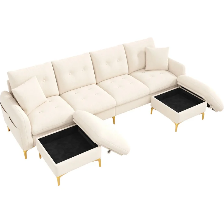 Merax 4-Sitzer U-förmiges modulares Schlafsofa mit 2 Stauraumhockern und 2 Dekokissen, Gesamtmaße 263×137×85 cm, Beige – Bild 10