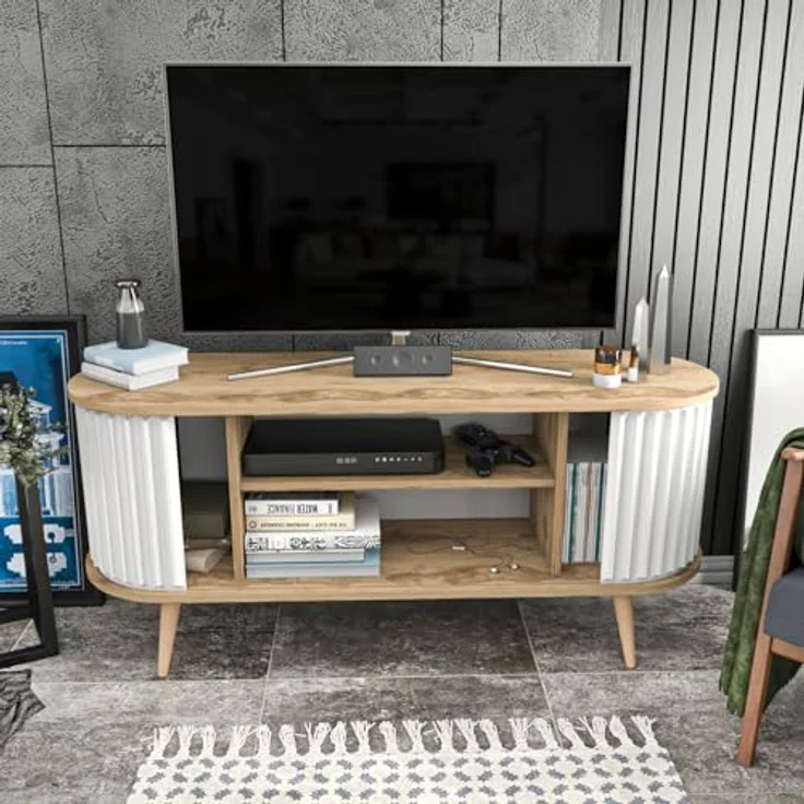 Hanah Home Modern TV Stand, Oud Oak & White, 140 x 43 x 64 cm | 100% Melamine Coated Particle Board, 18 mm Thick | Stylish & Functional for Living Rooms – Bild 5