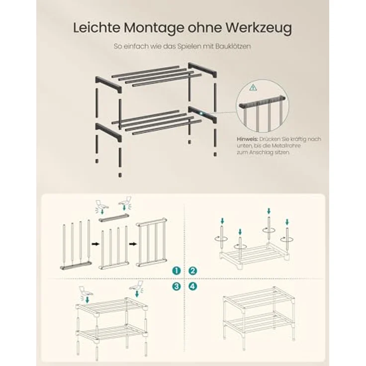 SONGMICS Schuhregal, 2 Ebenen, Schuhablage schmal, Schuh-Organizer Metall, Flur, Wohnzimmer, Kleiderschrank, platzsparend, stapelbar, 30 x 45 x 31 cm, schwarz LSA112BH01 – Bild 7