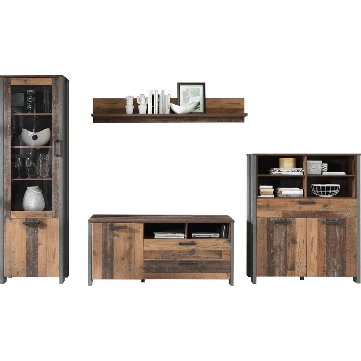 Forte Wohnzimmerschrank CLIF Wohnwand 4-tlg Old Wood Vintage Altholz-Optik 331x52x205 cm