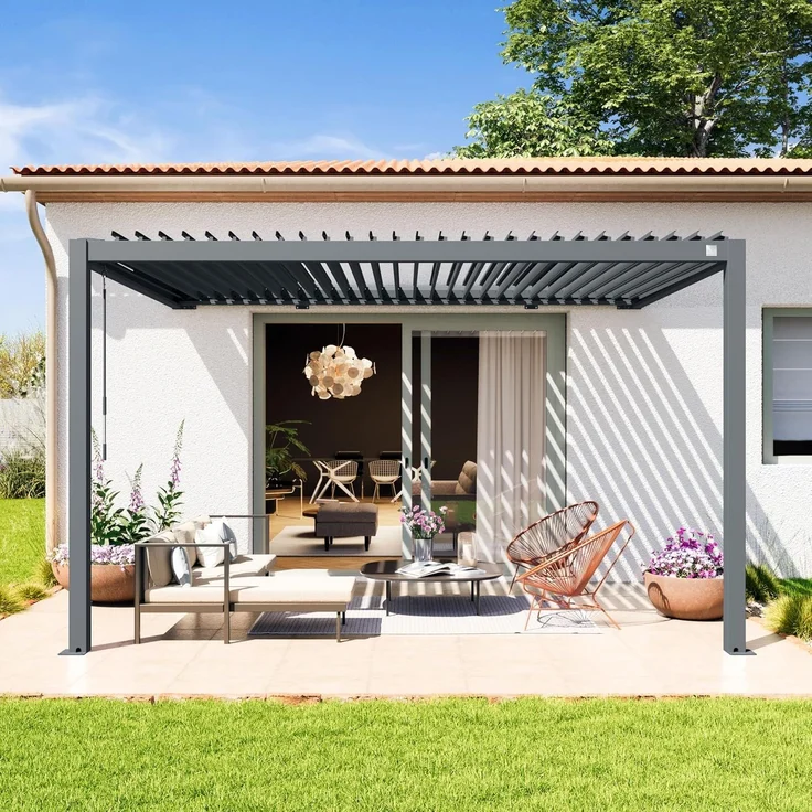 PRIMEYARD Terrassenüberdachung 3x4 m Aluminium-Pfosten mit Lamellendach aus Stahl anthrazitfarbene Anbau-Pergola – Bild 2