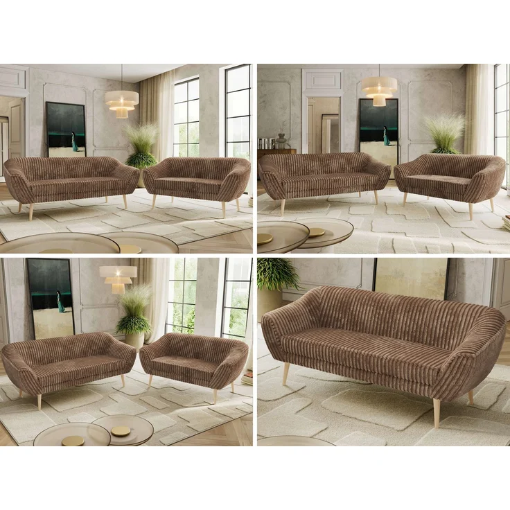 Skandinavisches Sofa Set PIRS 3-2, Komplettset, Wellenfederung, Buche Füße, Sitzgruppe, Polstermöbel Set - Braun Cord – Bild 2