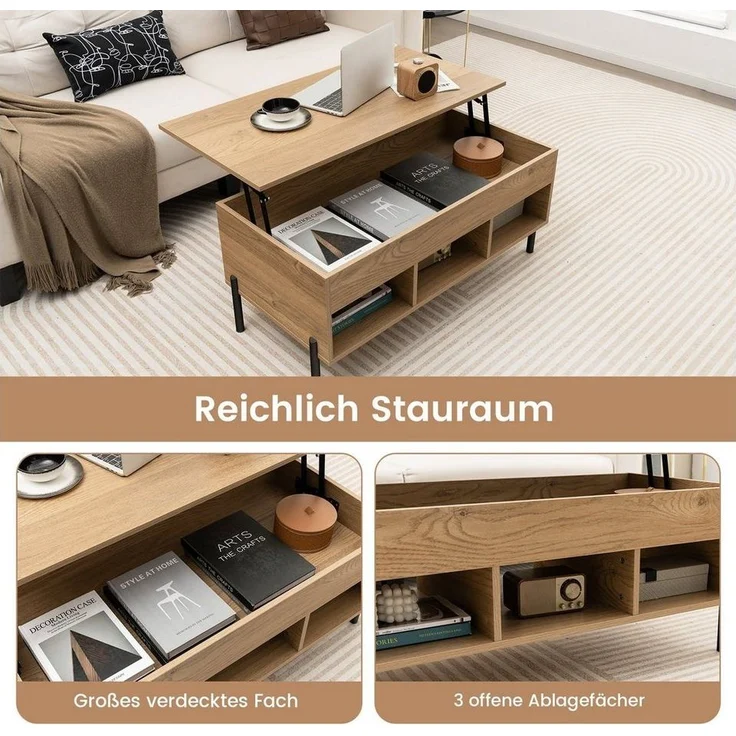COSTWAY Couchtisch, höhenverstellbar, anhebbar, mit Stauraum & Fächern, Holz – Bild 2