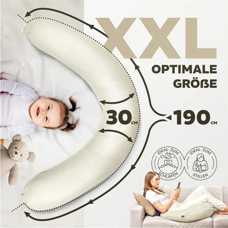 sei Design Stillkissen XXL Musselin Bezug 190x30 Stillkissenbezug 100% Bio-Baumwolle Schwangerschaftskissen Seitenschläferkissen Komfortkissen Erwachsene Baby Kissen – Bild 3