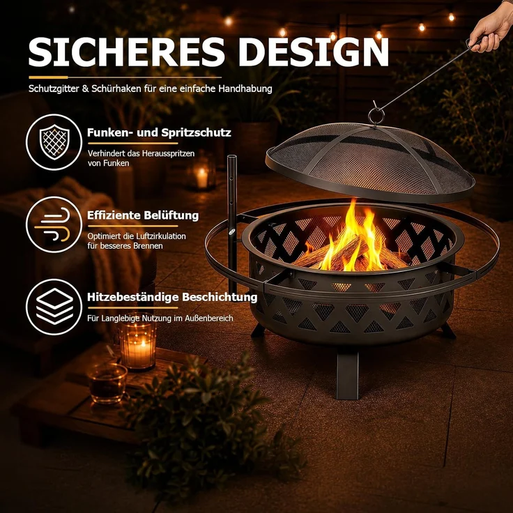 Aoxun Feuerschale mit Grillrost und Funkenschutz, 2-in-1 Feuerstelle für Garten & Terrasse, 360° Schwenkgrill mit Höhenverstellung, 77x77x53,5cm, Outdoor Feuerkorb zum Grillen und Heizen,Schwarz – Bild 3
