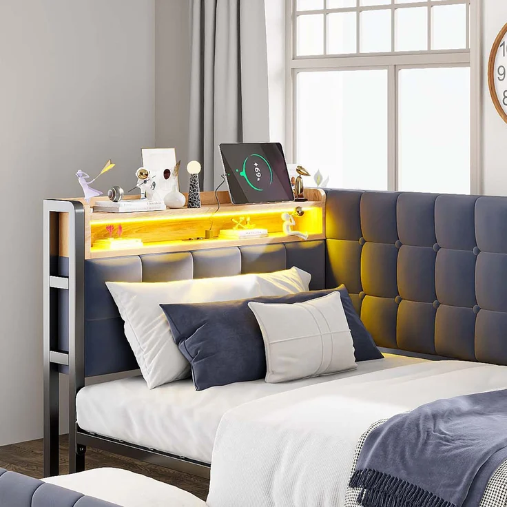 90 X 200 Gepolstertes Schlafsofa, Polsterbett mit 2 Schubladen und LED-Nachttischlampe, USB- und Typ-C-Anschluss, multifunktionales Kinder-Bootsbett, Schlafsofa Einzelbett Grau – Bild 7