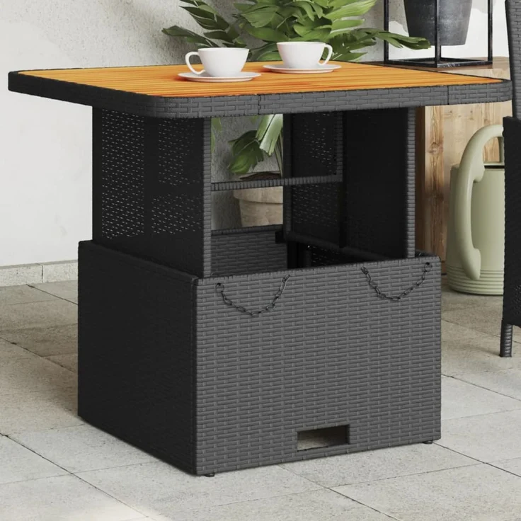 Gartentisch, Beistelltisch, Balkontisch Schwarz 80x80x71 cm Poly Rattan und Akazienholz – Bild 1