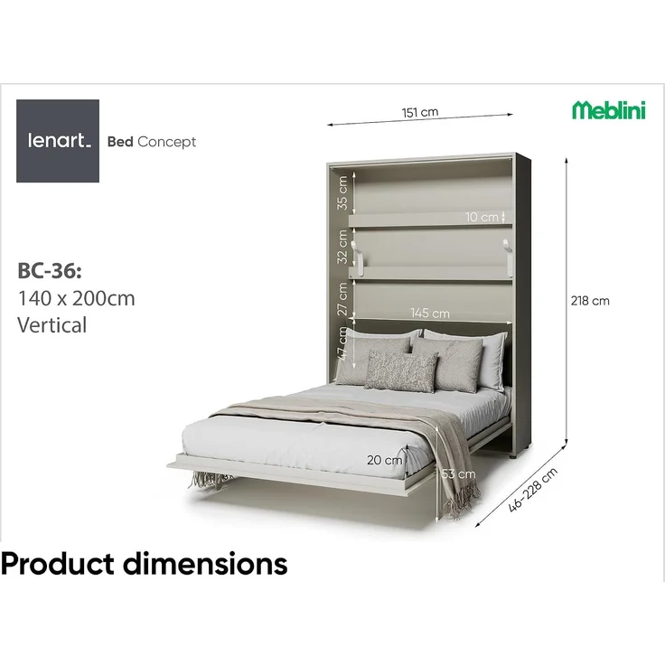 MEBLINI Elektrisches Schrankbett BC-36 - 140x200cm Vertikal - Kaschmir - Sofa und Kopfteil Grün ohne Matratze - Wandbett mit Lattenrost, Sofa und Kopfteil - Wandklappbett – Bild 3