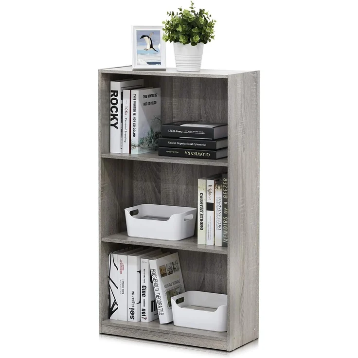 Furinno Basic Bücherregal mit 3 Fächern, Aufbewahrungsregal, holz, Französisches Eichengrau, 23. 49x23. 49x100. 33 cm – Bild 1