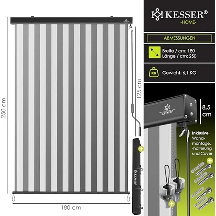 KESSER® Senkrechtmarkise Außenrollo Handkurbelmechanismus Balkonrollo Sonnen & Sichtschutz Beschattung Sonnenschutz Außen Rollo mit Kurbel Markisenkasten Balkon & Terrasse Inkl. Montageset & Abdeckung Grau / Weiß, 180 x 250cm – Bild 7