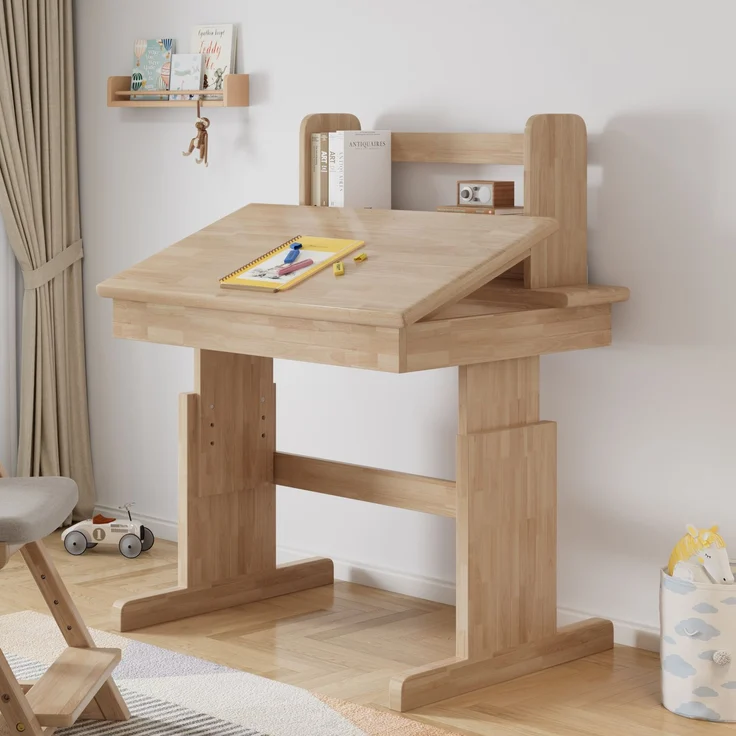 Kindertisch, Höhenverstellbarer Massivholz-Multifunktionsschreibtisch für Kinder, klappbare Tischplatte, Buchstütze, Sicherheitszertifiziert, für Kinder ab 6 Jahren--Natürlich--80x94x80cm--YOUDENOVA – Bild 3