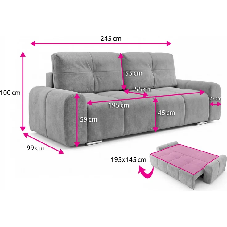 Schlafsofa Fluffy mit Schlaffunktion und Bettkasten - Bonellfederkern, Chenille-Bezug, große Liegefläche 195x145 cm, modernes Polstersofa & Bettsofa, weich & voluminös Sofa (Grau (Vibe 86)) – Bild 5