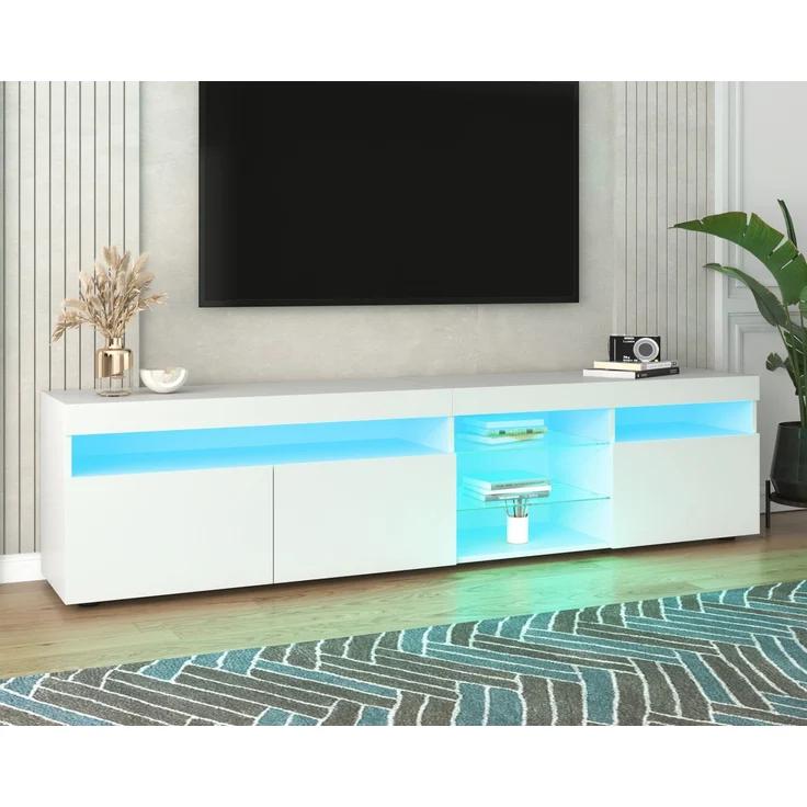 TV-Schrank 180 cm mit LED-Beleuchtung, Lowboard Sideboard Medienmöbel in Weiß Hochglanz mit Glaslaminat – Bild 6