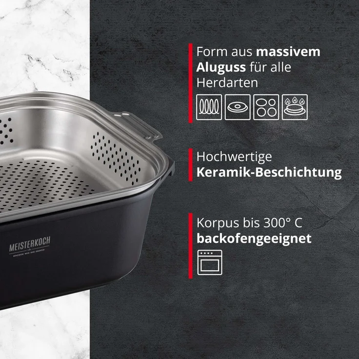 MEISTERKOCH Profi-Bräter 7,5 l mit Glasdeckel, eckig, schwarzer Alu-Guss, Induktion-geeignet mit Dämpfeinsatz, backofengeeignet bis 300°C, spülmaschinengeeignet, Bratenthermometer – Bild 7