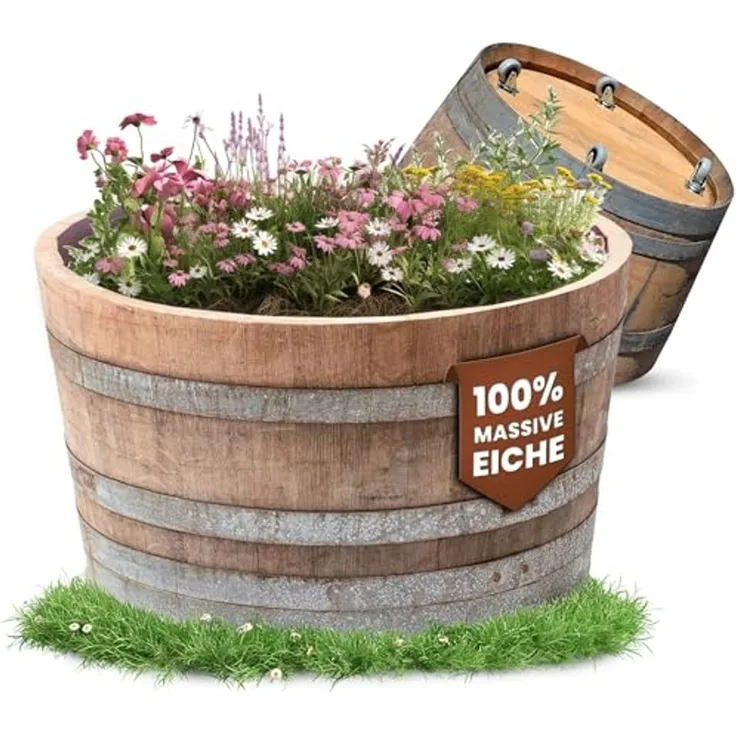 Temesso Pflanzkübel D 70cm - Halbiertes Weinfass als Miniteich - D70cm H40 100L Inhalt
