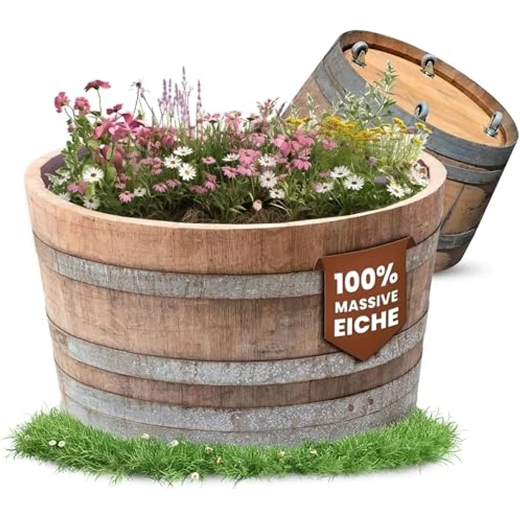 Temesso Pflanzkübel D 70cm - Halbiertes Weinfass als Miniteich - D70cm H40 100L Inhalt – Bild 1
